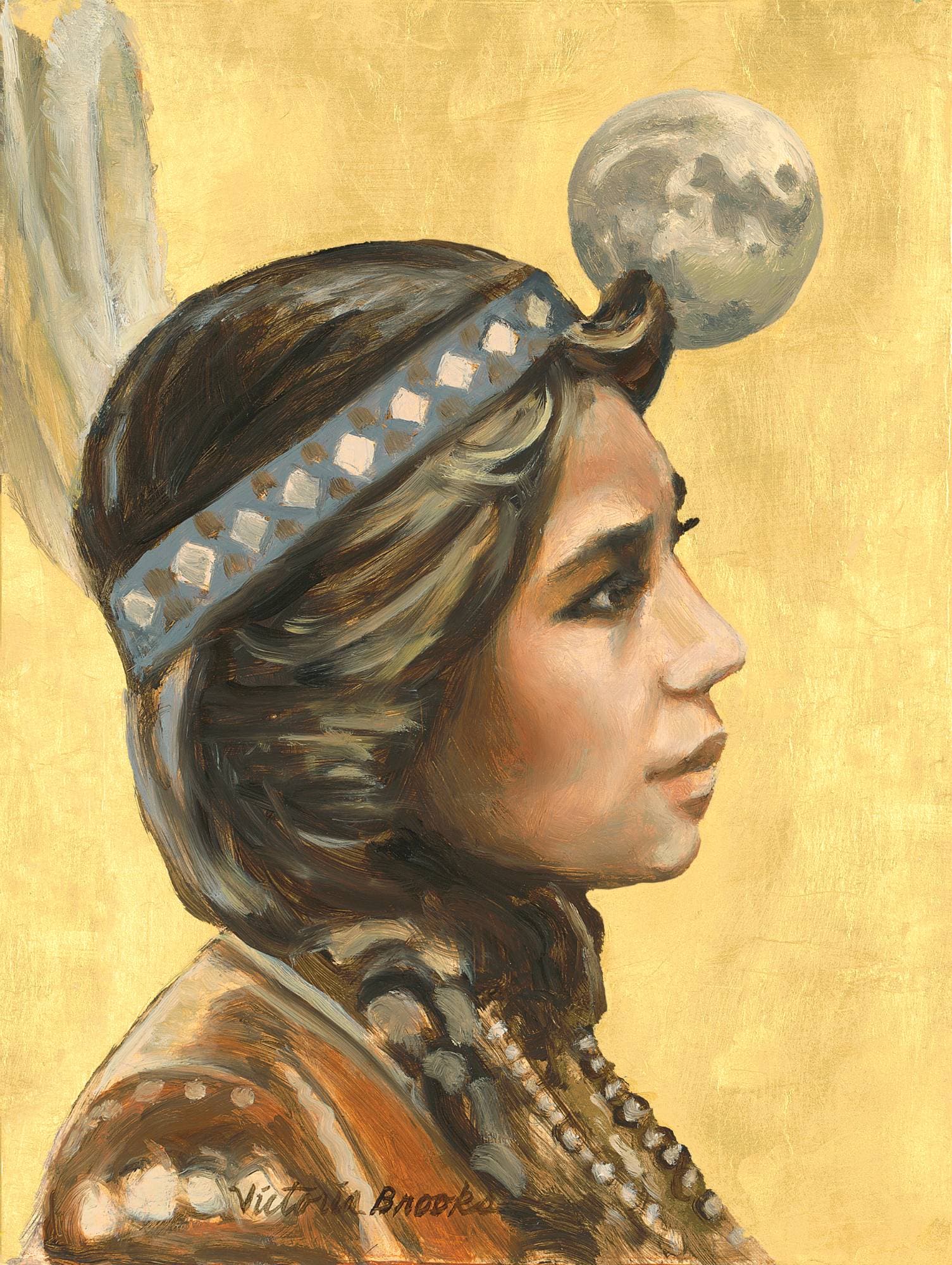 Pretty Flower Profile — oil and gold leaf portrait by Victoria Brooks