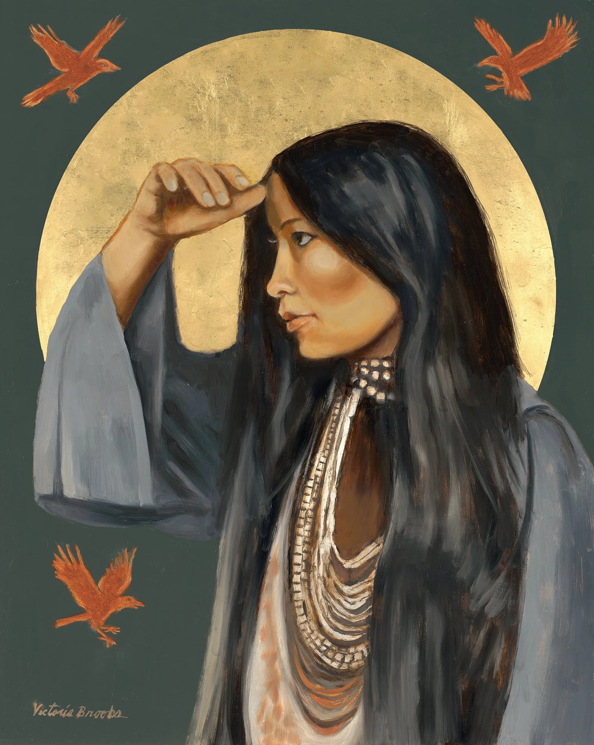 Red Bird — oil and gold leaf portrait by Victoria Brooks
